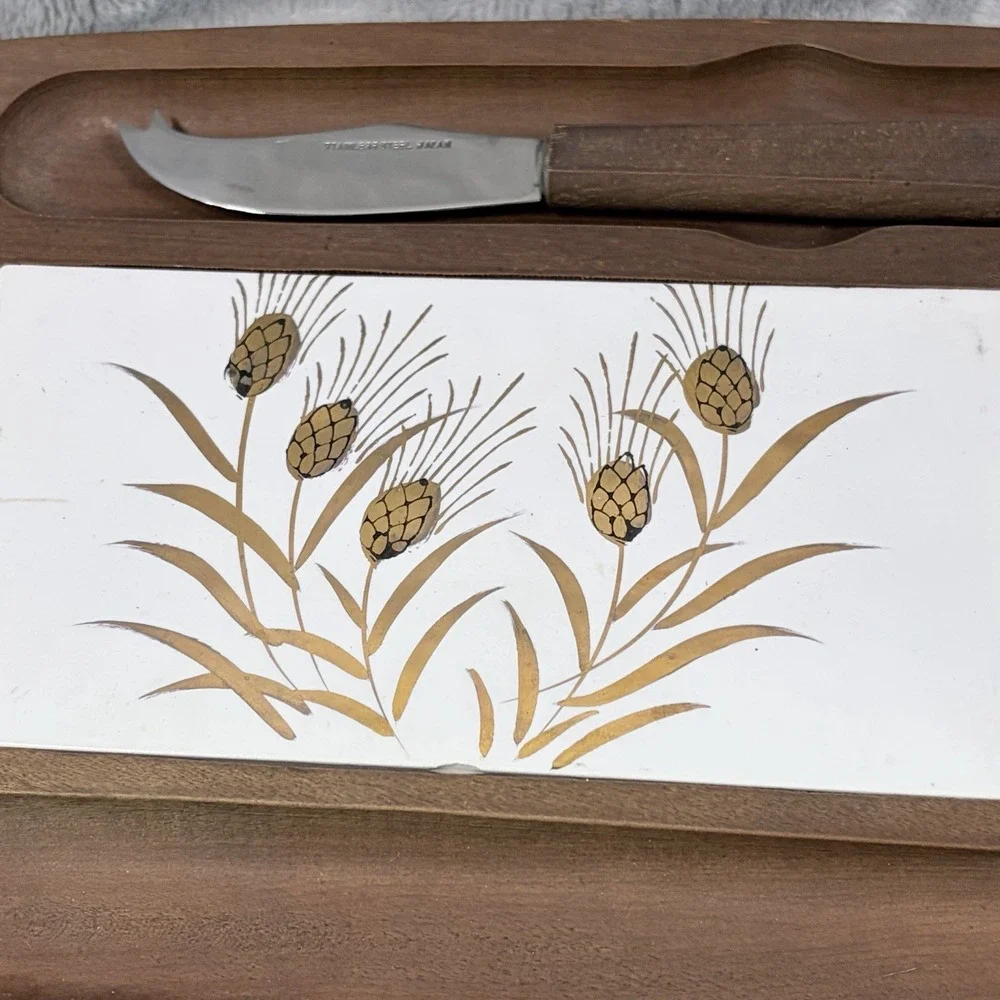 Vintage MCM Oval‎ Wood Cheese Board Ceramic Tile Pine Cone Botanical + Knife